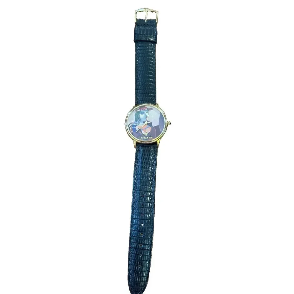 Vintage VP Picasso Art Watch 32mm Gold Black Lizard Strap Quartz. New Battery